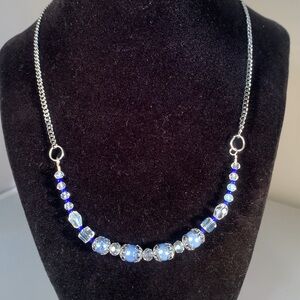 SPARKLING RAIN — Designer Blue & Crystal Glass Beaded Necklace w Stainless Steel